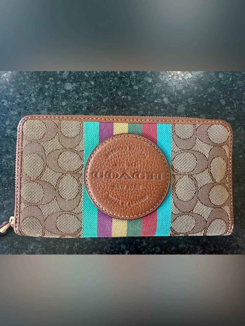 Coach Brown Leather Patch Wallet with Teal and Multicolor Stripes
